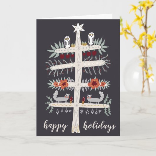 Folk Art Tree of Life Kerstfeestdag CUSTOM Kaart (Gele Bloem)
