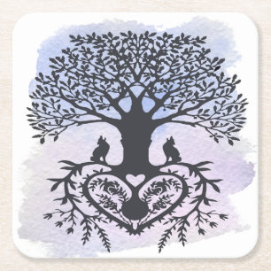 Folk Art Tree of Life Vierkante Kartonnen Onderzetter