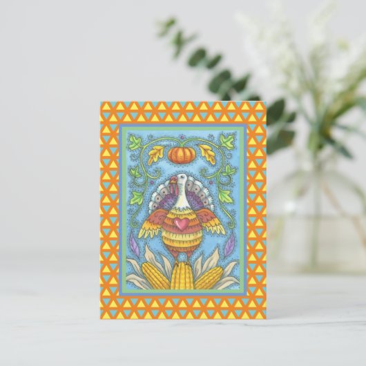 FOLK ART TURKEY, KLEUREN VAN THANKSGIVING SEASONAL BRIEFKAART (Staand voorkant)