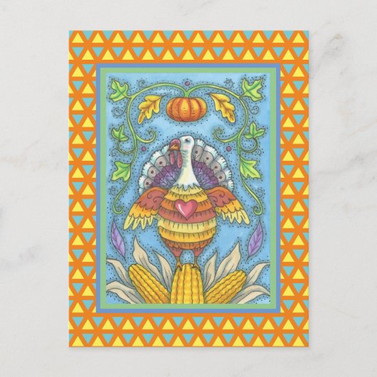 FOLK ART TURKEY, KLEUREN VAN THANKSGIVING SEASONAL BRIEFKAART (Voorkant)