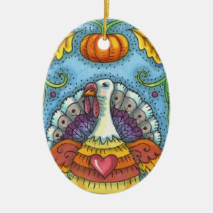 FOLK ART TURKEY, KLEUREN VAN THANKSGIVING SEASONAL KERAMISCH ORNAMENT