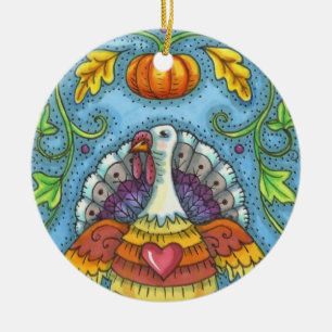 FOLK ART TURKEY, KLEUREN VAN THANKSGIVING SEASONAL KERAMISCH ORNAMENT