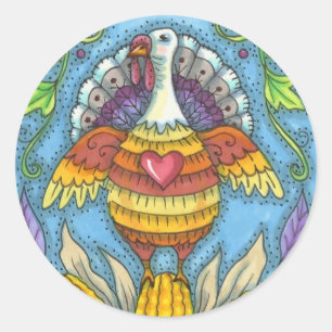 FOLK ART TURKEY, KLEUREN VAN THANKSGIVING SEASONAL RONDE STICKER