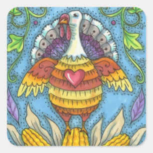 FOLK ART TURKEY, KLEUREN VAN THANKSGIVING SEASONAL VIERKANTE STICKER