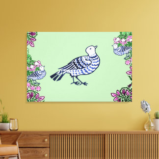 Folk Art Vogels Bloemen Eikels Canvas Afdruk