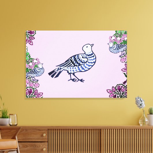 Folk Art Vogels Bloemen Eikels Canvas Afdruk (Insitu (Woonkamer))