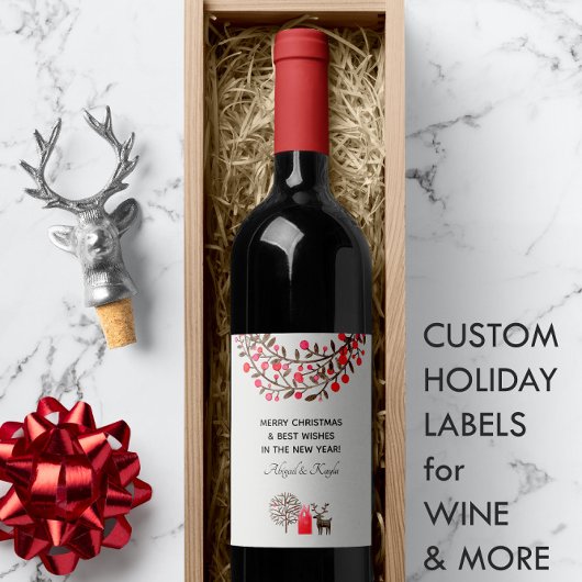 Folk-Art Waterverf Rendier 🦌 Rook Wit Wijn Etiket