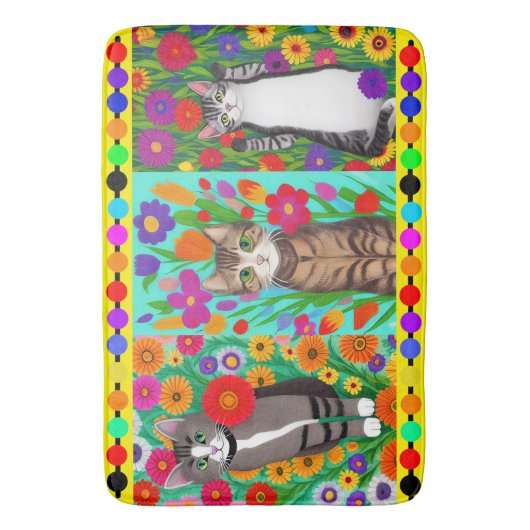Folk Art Whimsical Style Kat en Bloemen Badmat (Voorkant Verticaal)