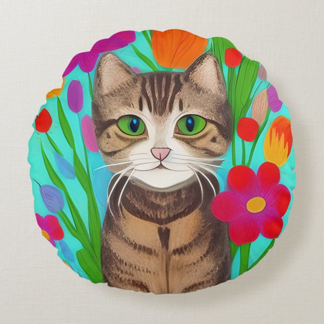 Folk Art Whimsical Style Kat en Bloemen Rond Kussen (Voorkant)