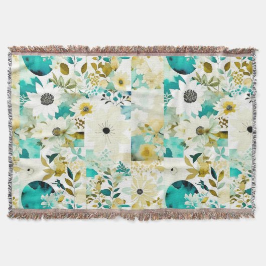  Folk Art White en Turquoise Flowers Deken (Voorkant)