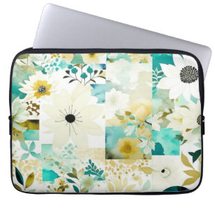 Folk Art White en Turquoise Flowers Laptop Sleeve