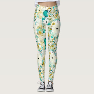 Folk Art White en Turquoise Flowers Leggings
