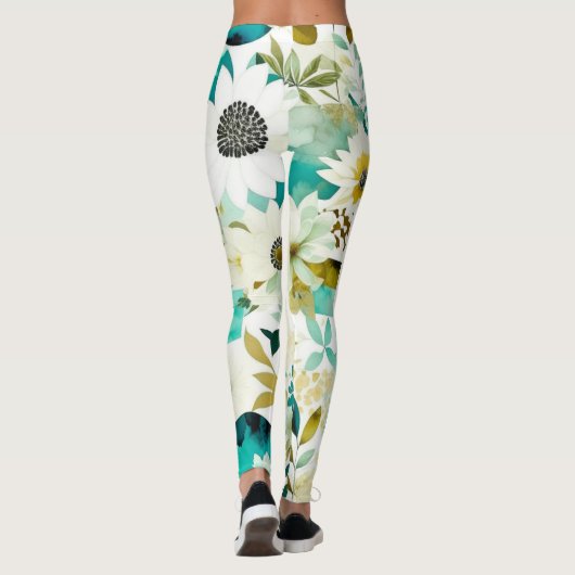 Folk Art White en Turquoise Flowers Leggings (Achterkant)