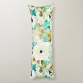 Folk Art White en Turquoise Flowers Lichaamskussen (Achterkant (Verticaal))