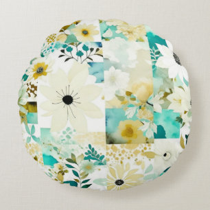  Folk Art White en Turquoise Flowers Rond Kussen