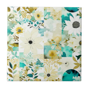  Folk Art White en Turquoise Flowers Tegeltje