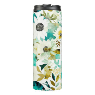  Folk Art White en Turquoise Flowers Thermosbeker