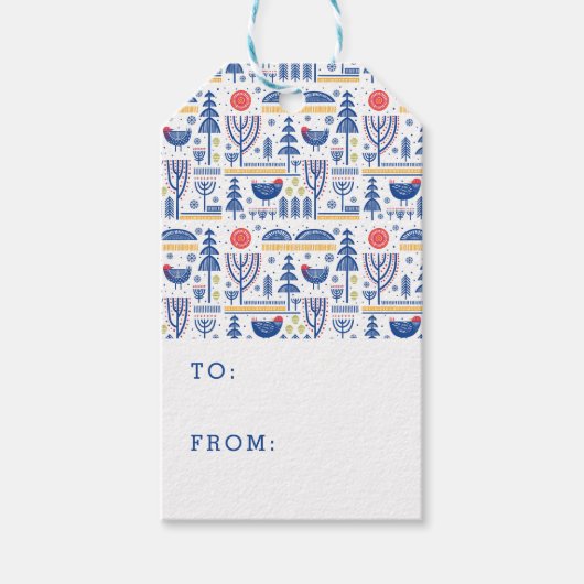 Folk Art Winter Bird Pattern Cadeaulabel (Voorkant)