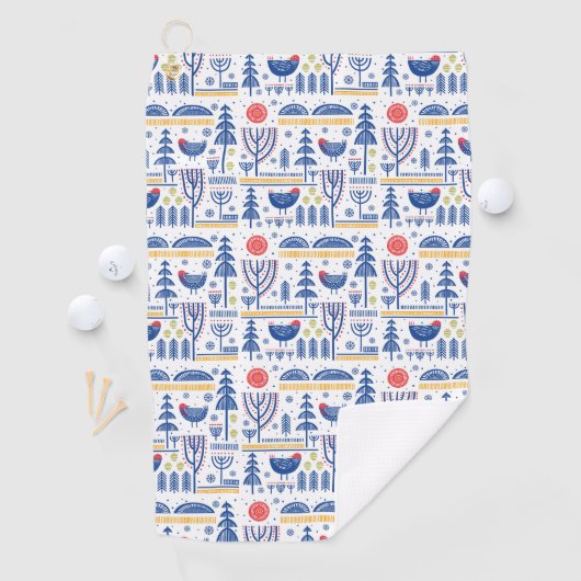 Folk Art Winter Bird Pattern Golfhanddoek (Insitu)