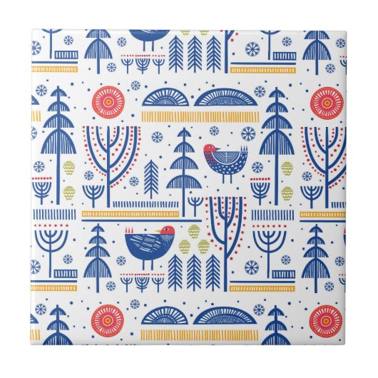 Folk Art Winter Bird Pattern Tegeltje (Voorkant)