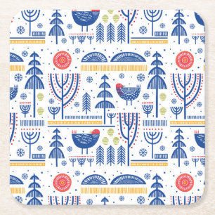 Folk Art Winter Bird Pattern Vierkante Kartonnen Onderzetter