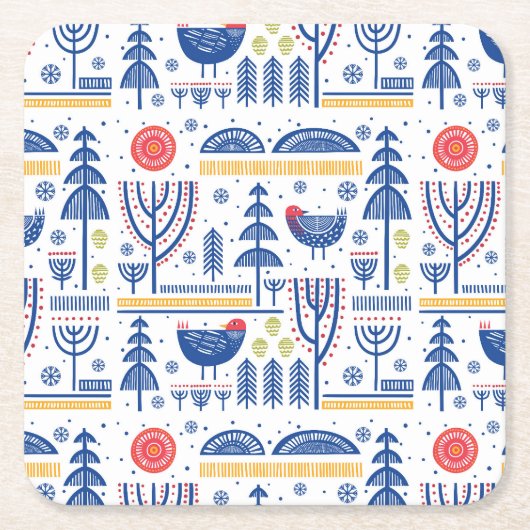 Folk Art Winter Bird Pattern Vierkante Kartonnen Onderzetter (Voorkant)