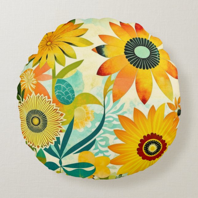  Folk Art Yellow Flowers Rond Kussen (Voorkant)