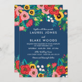 Folk Boeketten - Deep Blue & Red Boho Bruiloft Kaart (Voorkant / Achterkant)