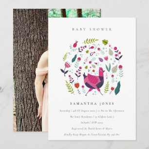 Folk Boerderij Floral Birdie Photo Baby shower Inv Bedankkaart
