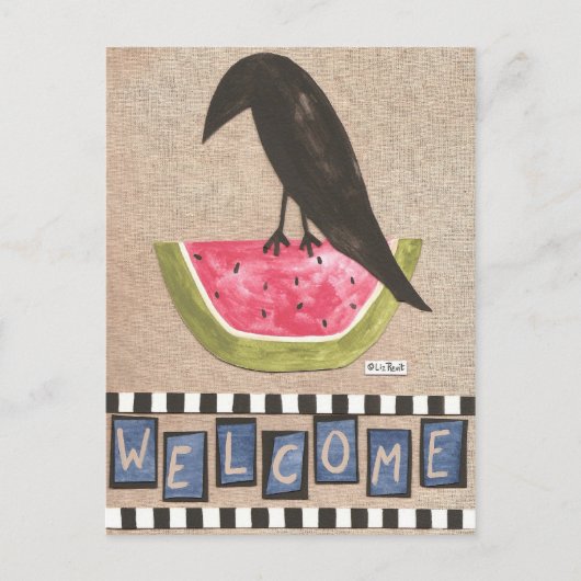 Folk Crow on Watermelon Briefkaart (Voorkant)
