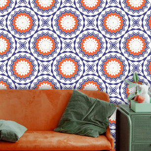 Folk Etnische Talavera Blauw Sinaasappel Wit Geome Behang