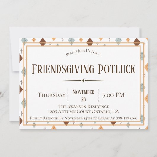 Folk Fall Leaves Friendsgiving Potluck Invitation Kaart (Voorkant)