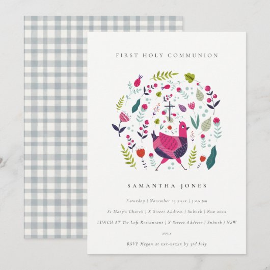 Folk Farm Floral Birdie Premier Invitation Communi (Devant / Derrière)