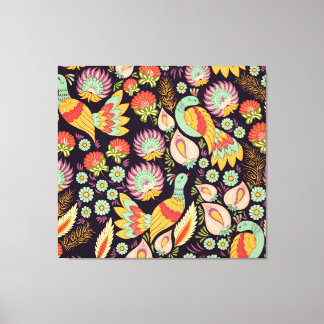 Folk Floral Birds Ornament Canvas Afdruk