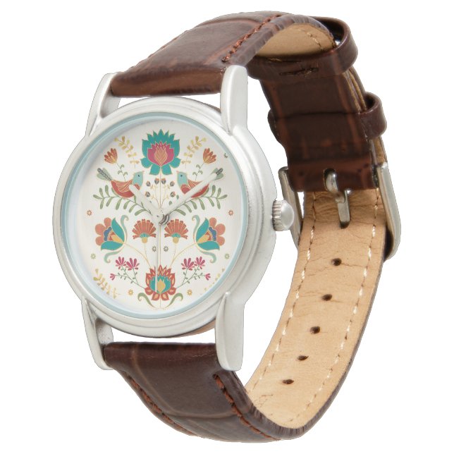 Folk Floral met vogels Horloge (Gekanteld)