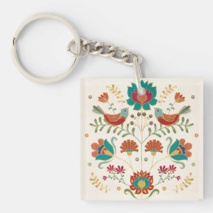 Folk Floral met vogels Sleutelhanger