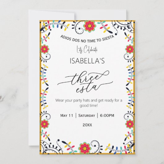 Folk Floral Mexicain Trois Esta Invitation Anniver (Devant)