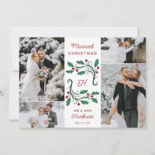 Folk Holly Monogram Getrouwd Kerst 4 Foto's Feestdagenkaart