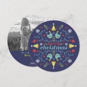 Folk Kerstmis Cheer Navy Foto Holiday Kaart (Voorkant / Achterkant)