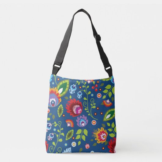 Folk, kleurrijke bloemen op klassiek blauw crossbody tas (Voorkant)