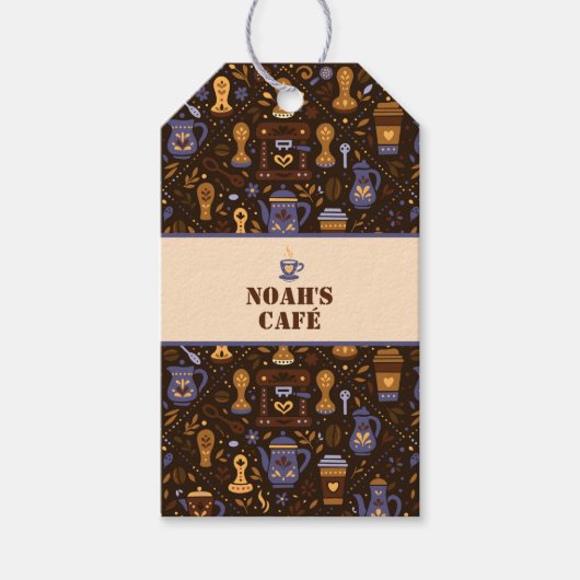 Folk koffie badge — cacao, karamel & leisteen cadeaulabel (Voorkant)