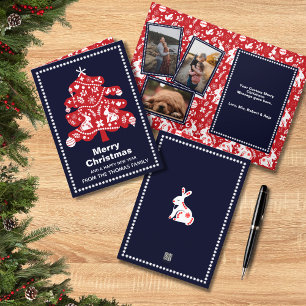 Folk Navy Red Kerstmis Bunny Floral Foto Feestdagen Kaart