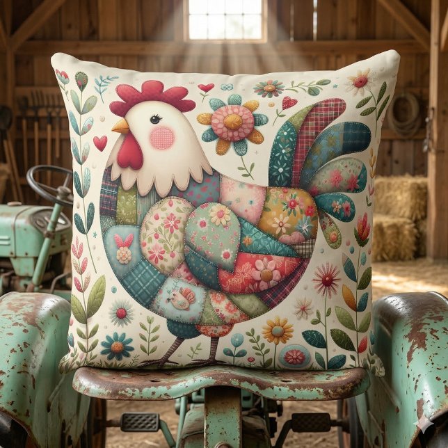 Folk Patchwork Haan met Bloemaccenten Kussen (Folk Patchwork Rooster with Floral Accents Throw Pillow Mockup D)