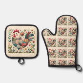 Folk Patchwork Haan met Bloemaccenten Ovenwant & Pannenlap Set (Voorkant)