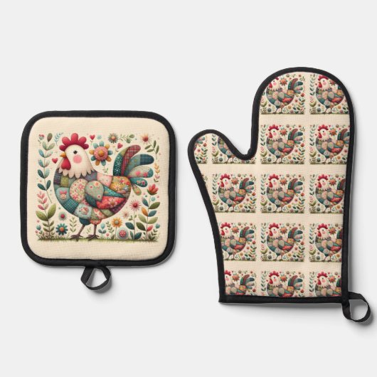 Folk Patchwork Haan met Bloemaccenten Ovenwant & Pannenlap Set (Voorkant)