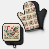 Folk Patchwork Haan met Bloemaccenten Ovenwant & Pannenlap Set (Voorkant / Achterkant)