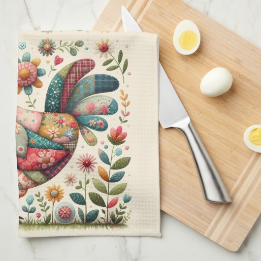 Folk Patchwork Haan met Bloemaccenten Theedoek (Quarter Fold)