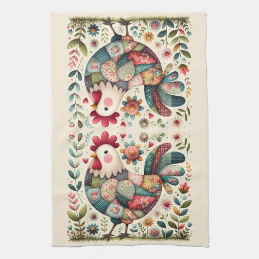 Folk Patchwork Haan met Bloemaccenten Theedoek (Verticaal)