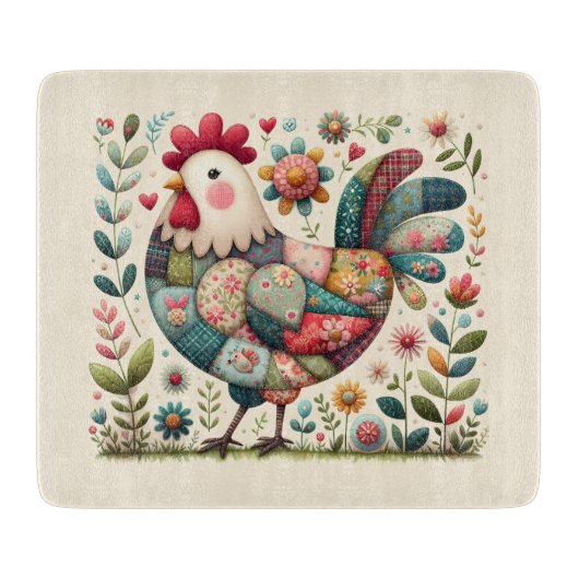Folk Patchwork Rooster with Floral Accents Cutting Snijplank (Voorkant)
