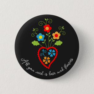 Folk portuguese bloeiend hart ronde button 5,7 cm